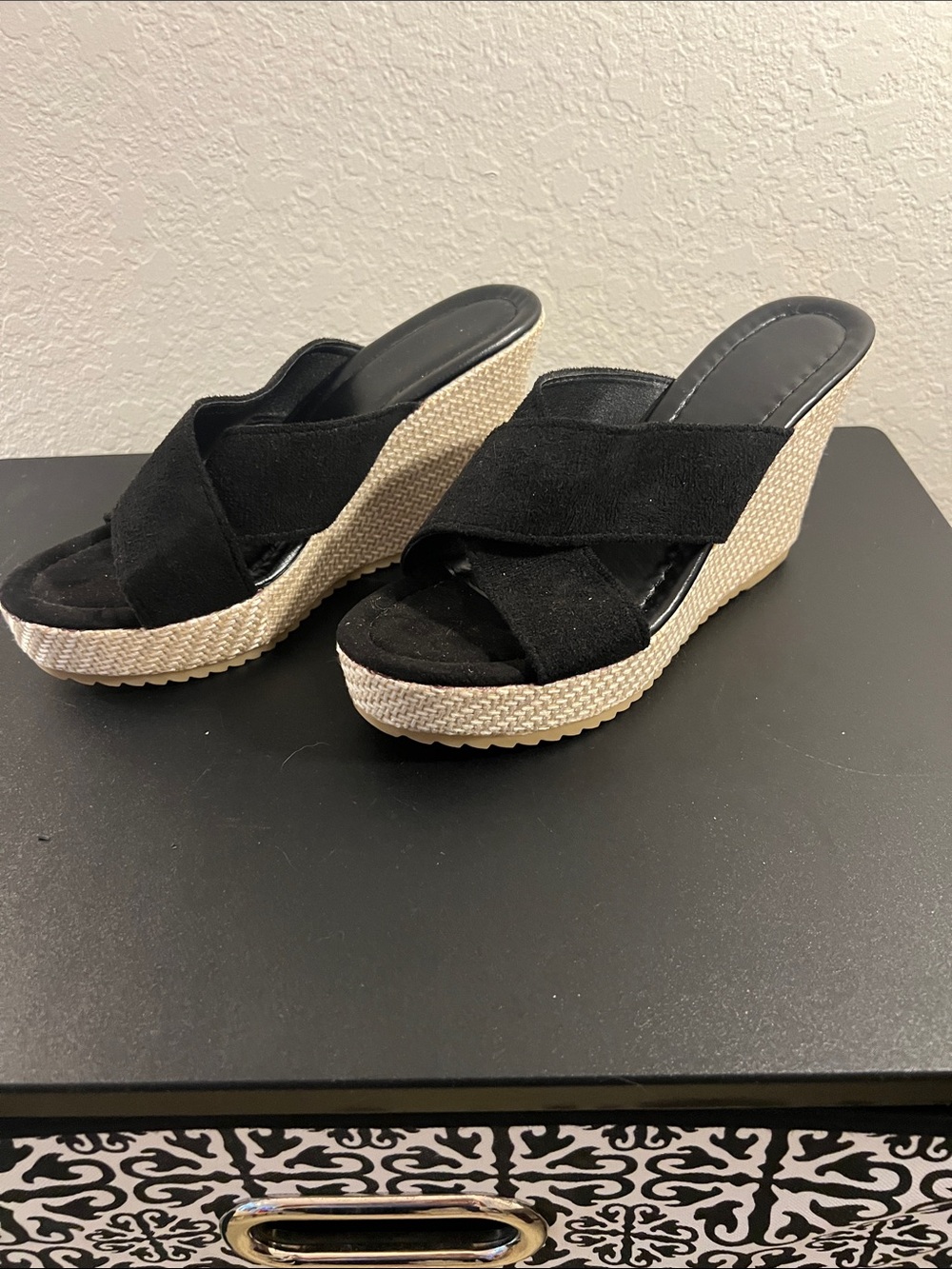 Womens Black Suede Crisscross Wedge Sandals